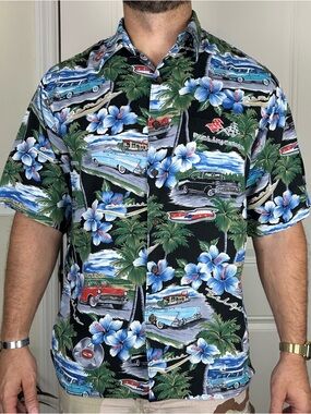 Reyn Spooner Hawaiian Shirt Size M Chevy Bel Air Cars Hibiscus Flower Rayon